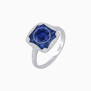 Cushion Shape Art Deco Inspired Halo Ring with Diamond and Gemstone - Shahin Jewelry